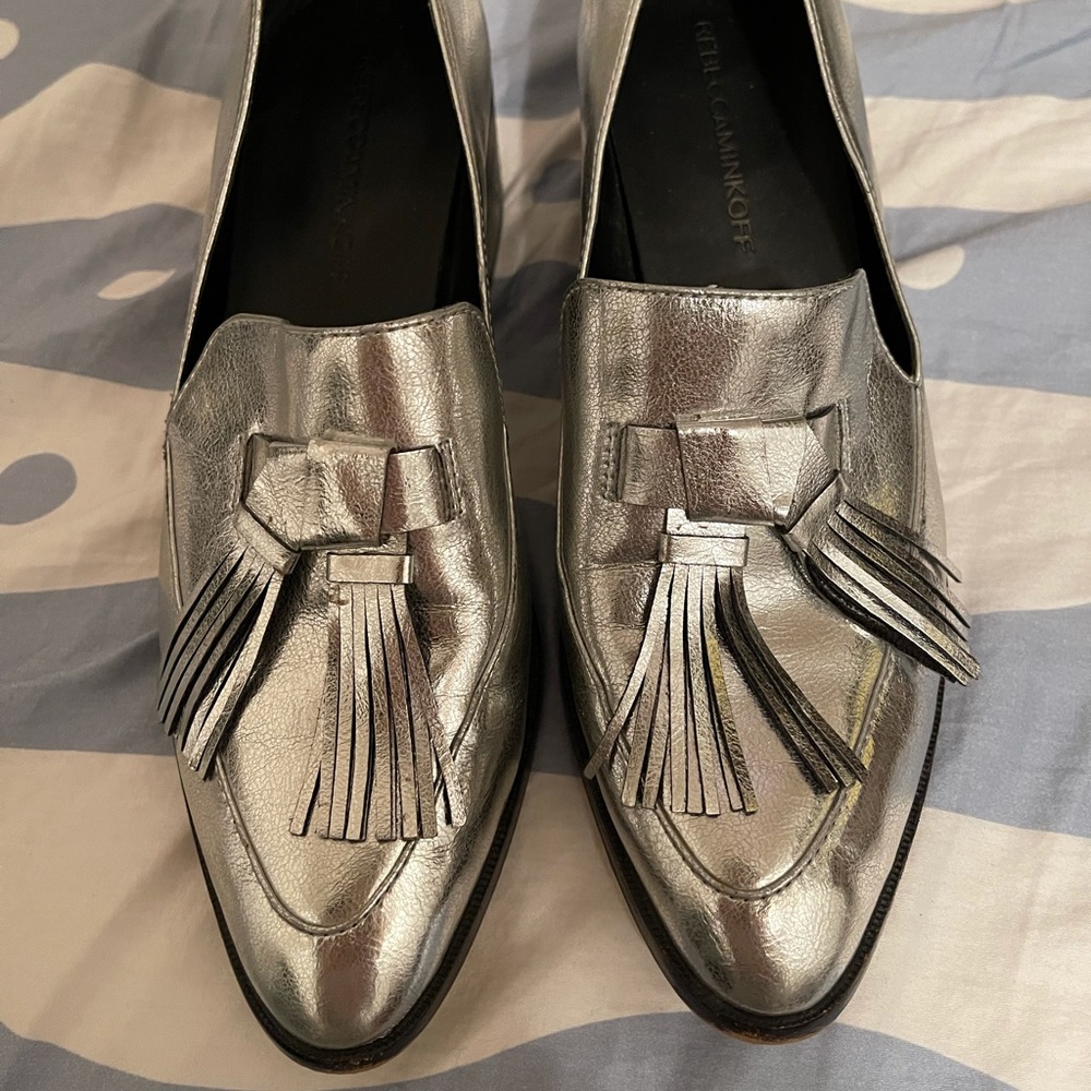 rebecca minkoff edie silver tassel heeled loafers